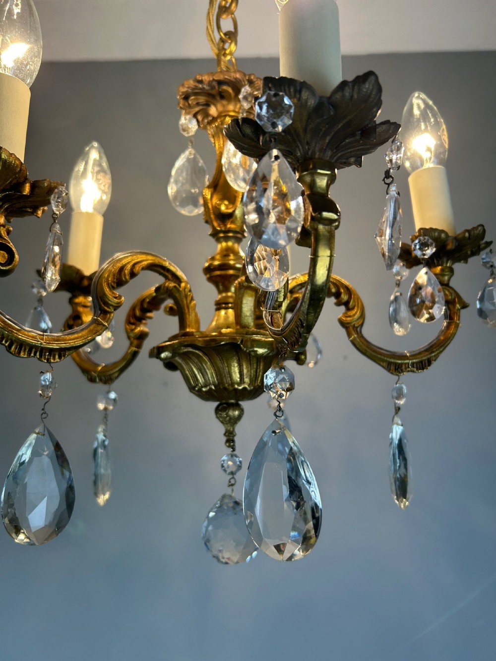French Gilded Bronze 5 Light Antique Crystal Chandelier View X