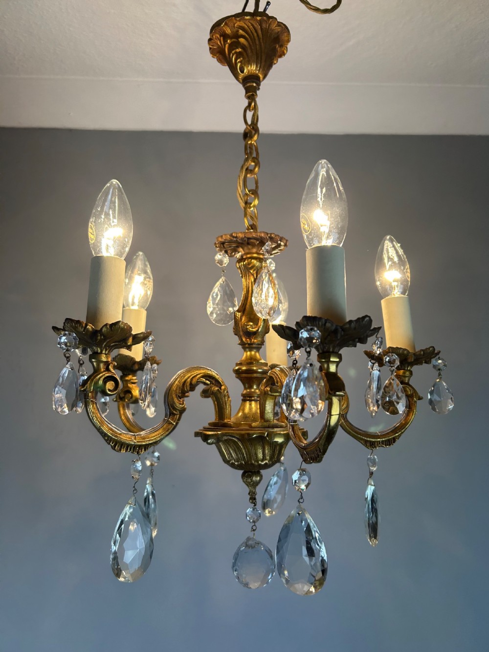 French Gilded Bronze 5 Light Antique Crystal Chandelier View XI
