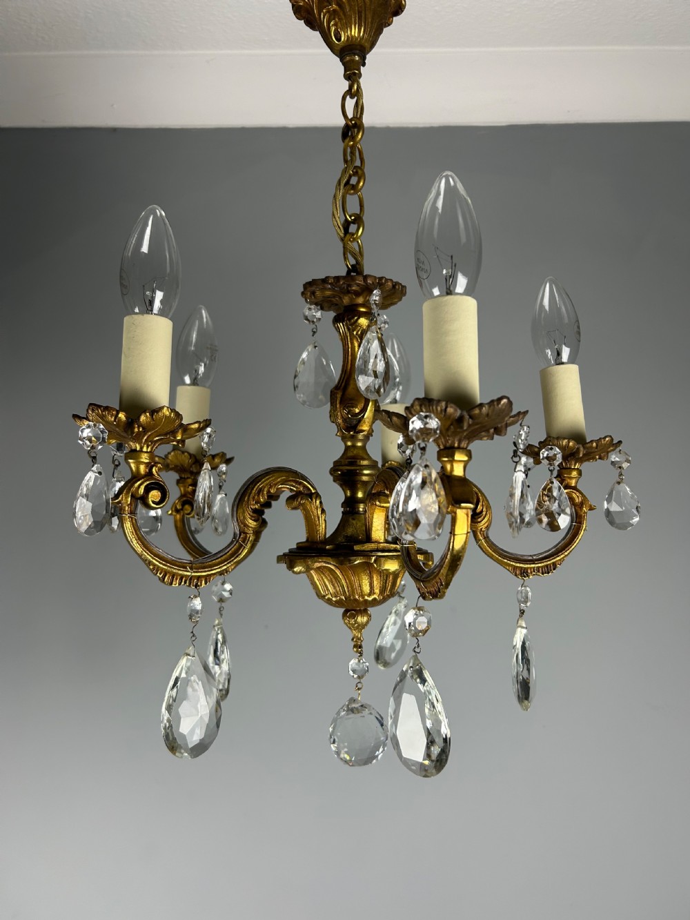 French Gilded Bronze 5 Light Antique Crystal Chandelier View XII