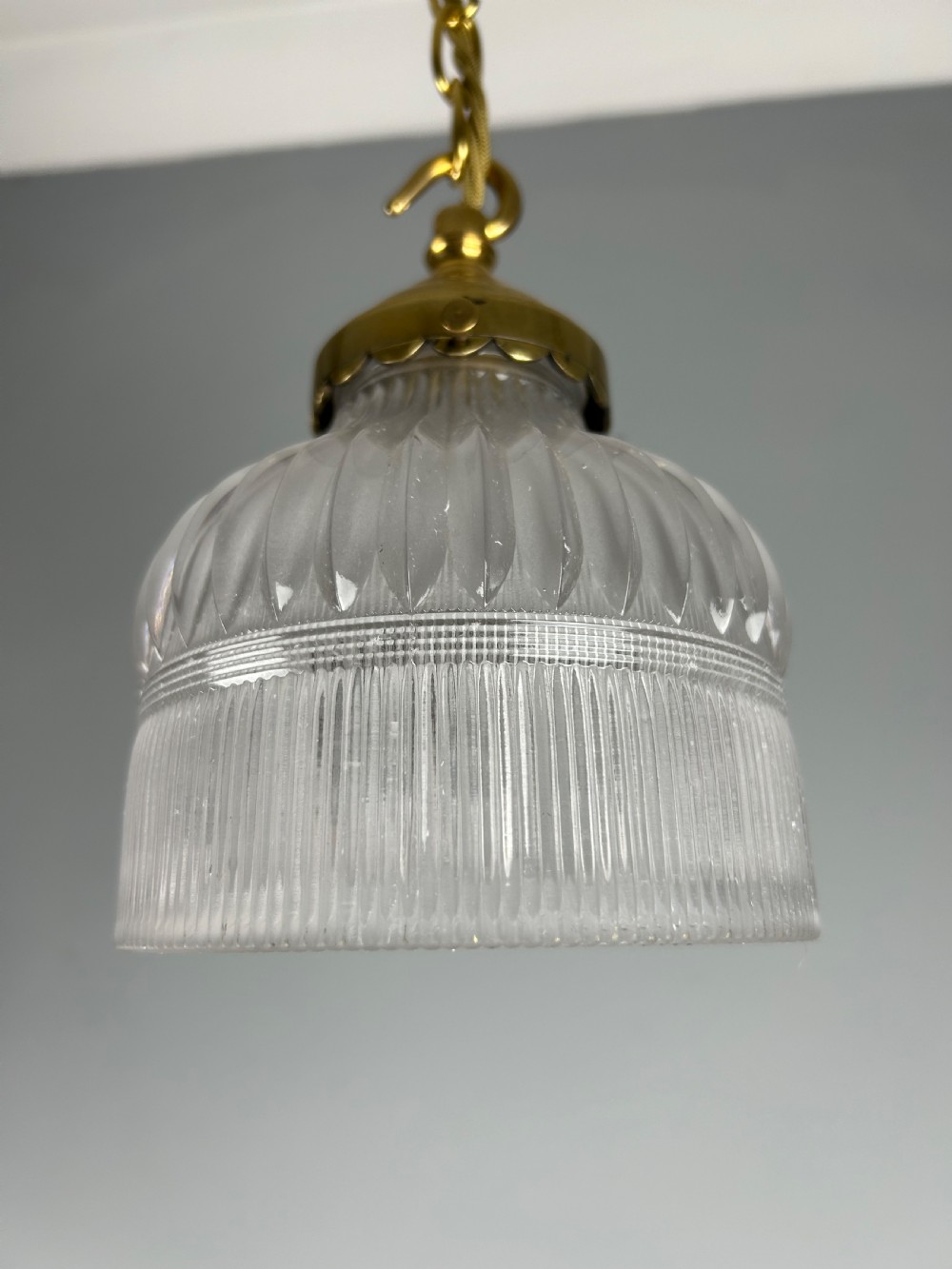 Antique Holophane Pendant Ceiling Light, Original Shade, Rewired And Pat Tested View V