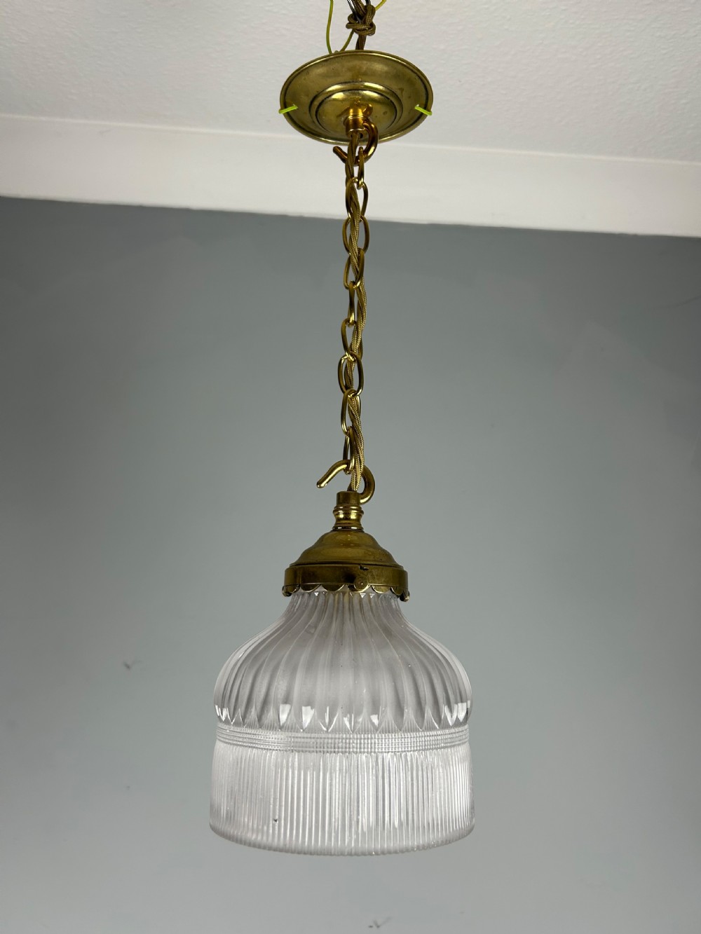 Antique Holophane Pendant Ceiling Light, Original Shade, Rewired And Pat Tested View VIII