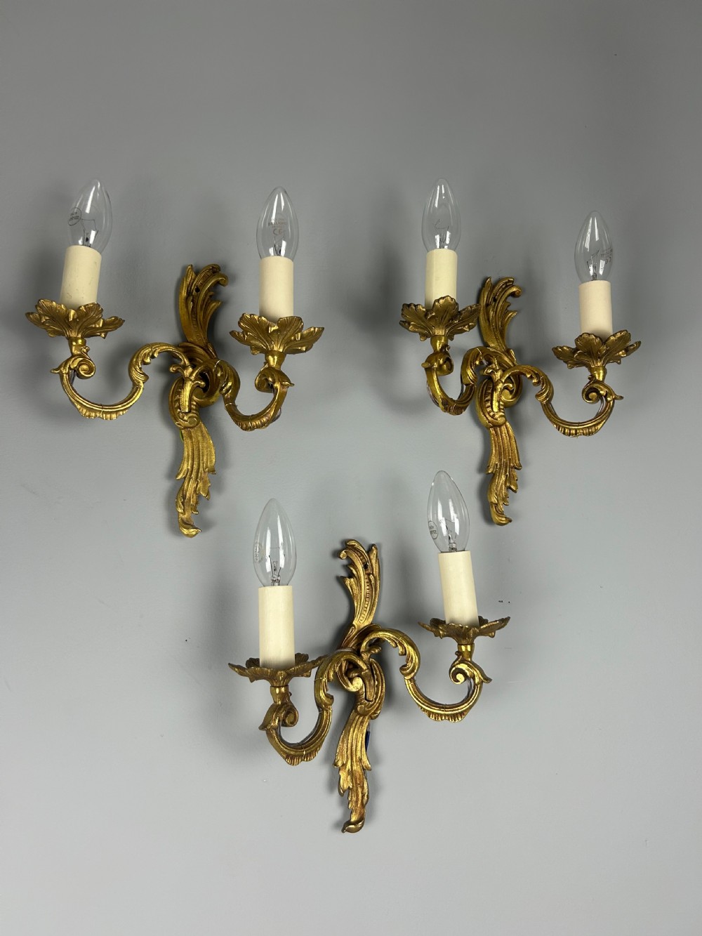 Set of 3 French Gilded Twin Arm Antique Wall Lights