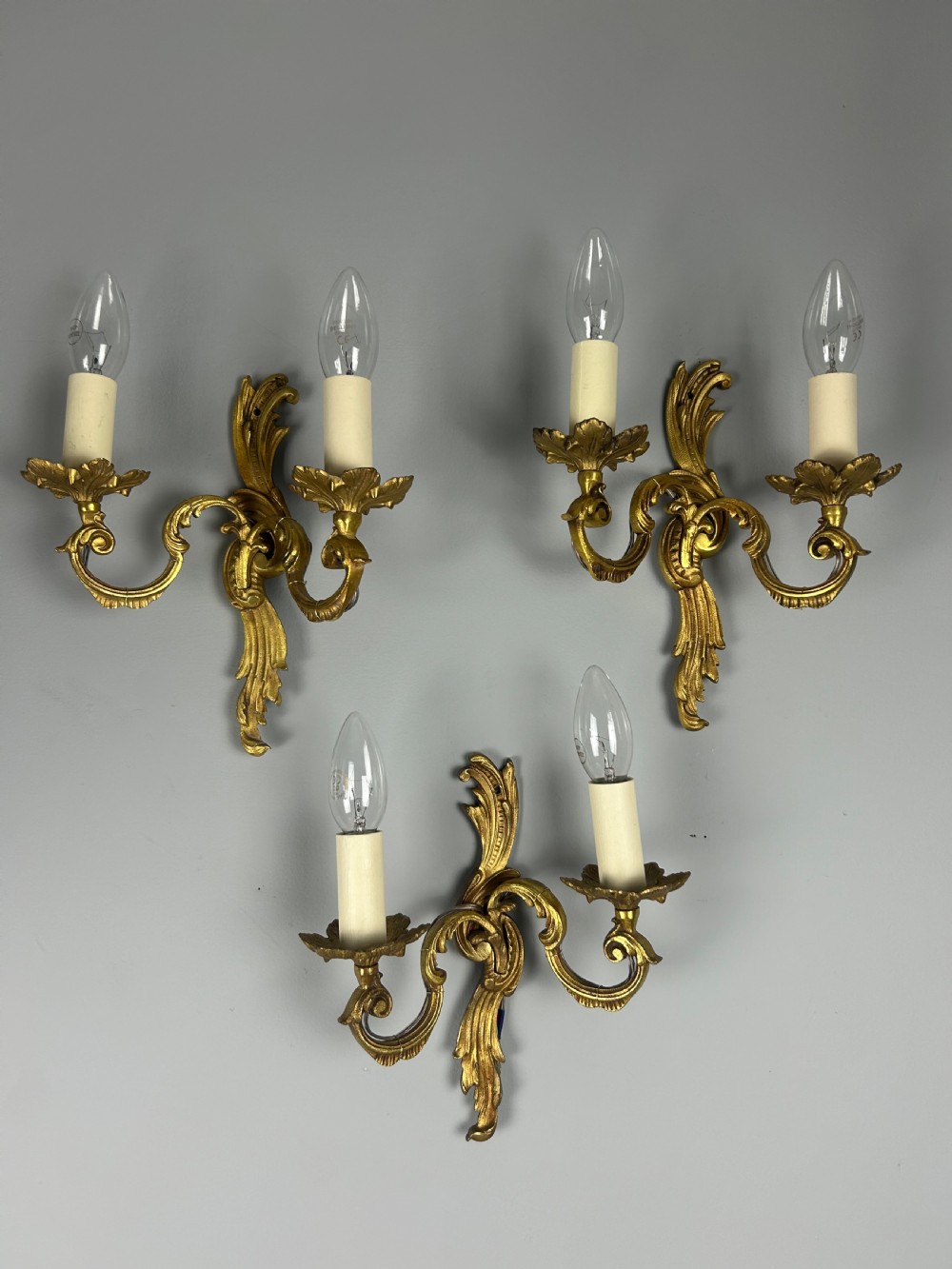 Set of 3 French Gilded Twin Arm Antique Wall Lights View II