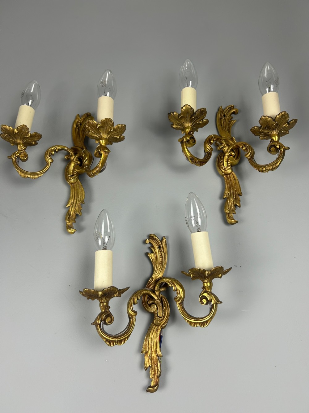 Set of 3 French Gilded Twin Arm Antique Wall Lights View V