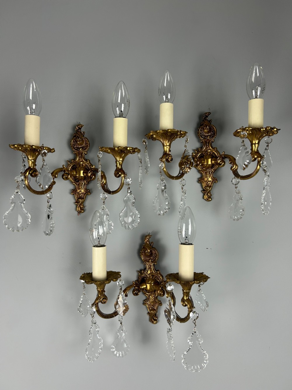 Set of 3 French Gilded Twin Arm Antique Wall Light with Glass Droppers 