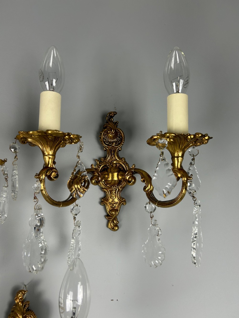 Set of 3 French Gilded Twin Arm Antique Wall Light with Glass Droppers  View II