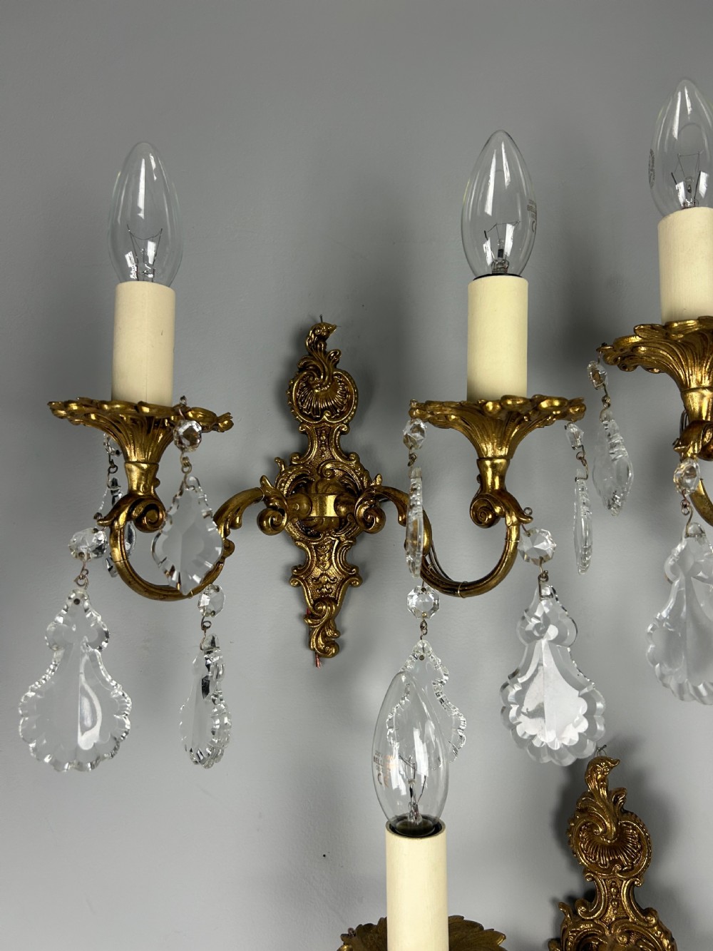 Set of 3 French Gilded Twin Arm Antique Wall Light with Glass Droppers  View III