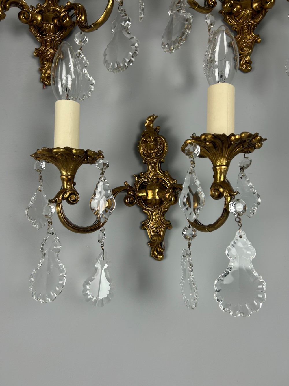 Set of 3 French Gilded Twin Arm Antique Wall Light with Glass Droppers  View IV