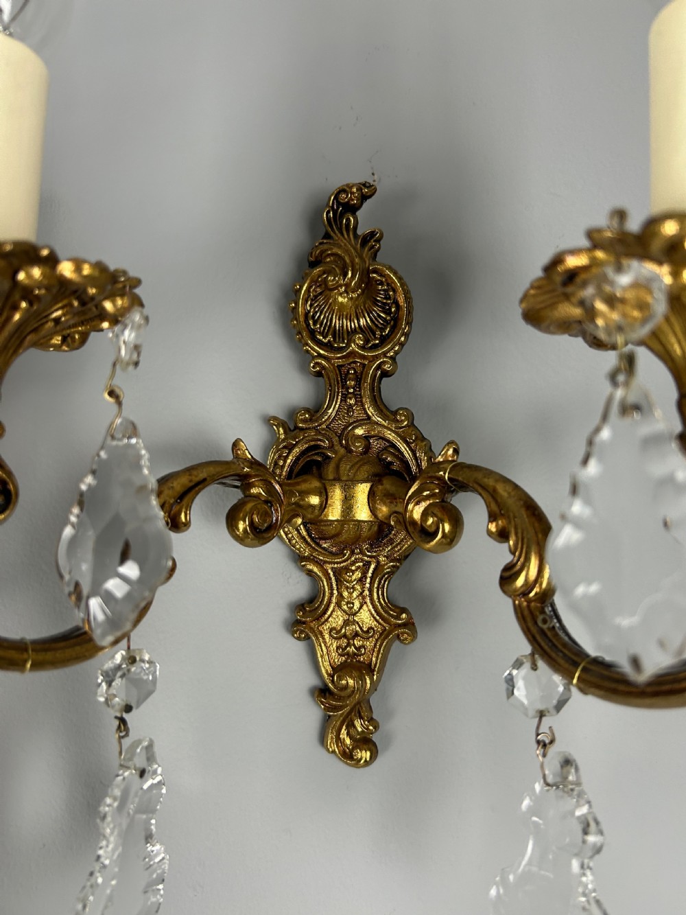 Set of 3 French Gilded Twin Arm Antique Wall Light with Glass Droppers  View V
