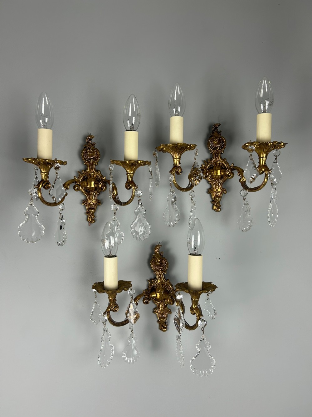 Set of 3 French Gilded Twin Arm Antique Wall Light with Glass Droppers  View VI