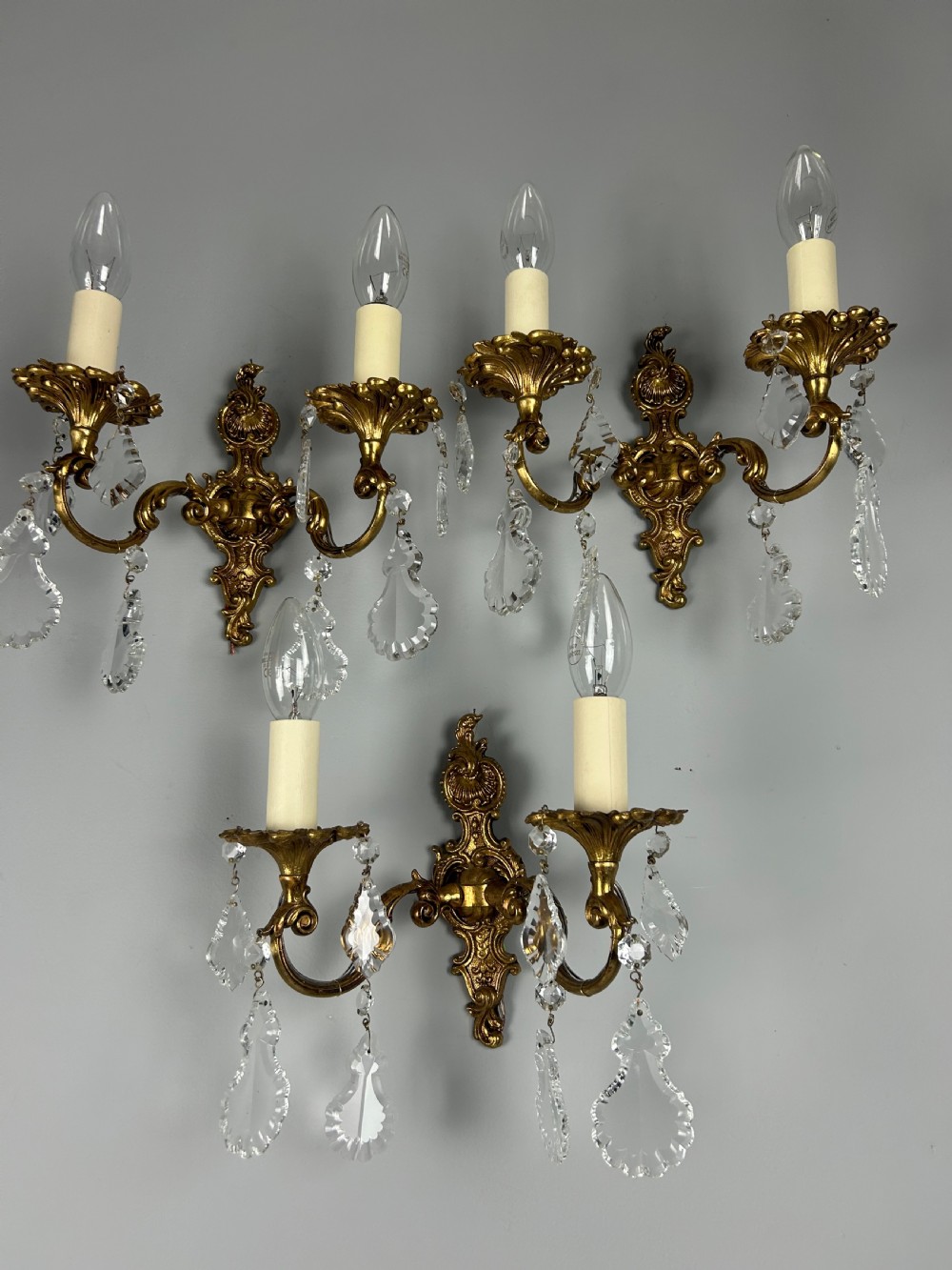 Set of 3 French Gilded Twin Arm Antique Wall Light with Glass Droppers  View VII