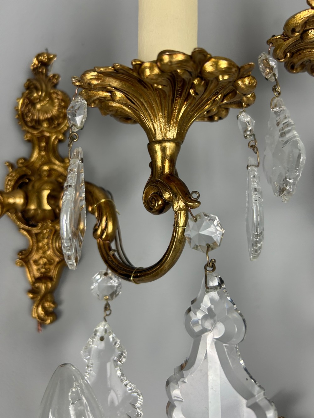 Set of 3 French Gilded Twin Arm Antique Wall Light with Glass Droppers  View VIII