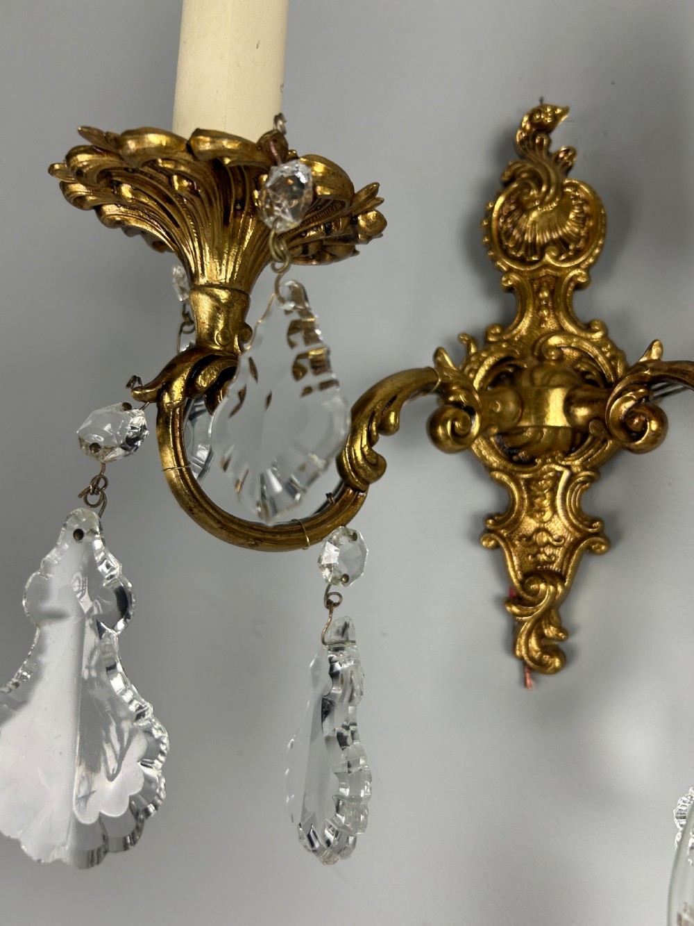 Set of 3 French Gilded Twin Arm Antique Wall Light with Glass Droppers  View IX