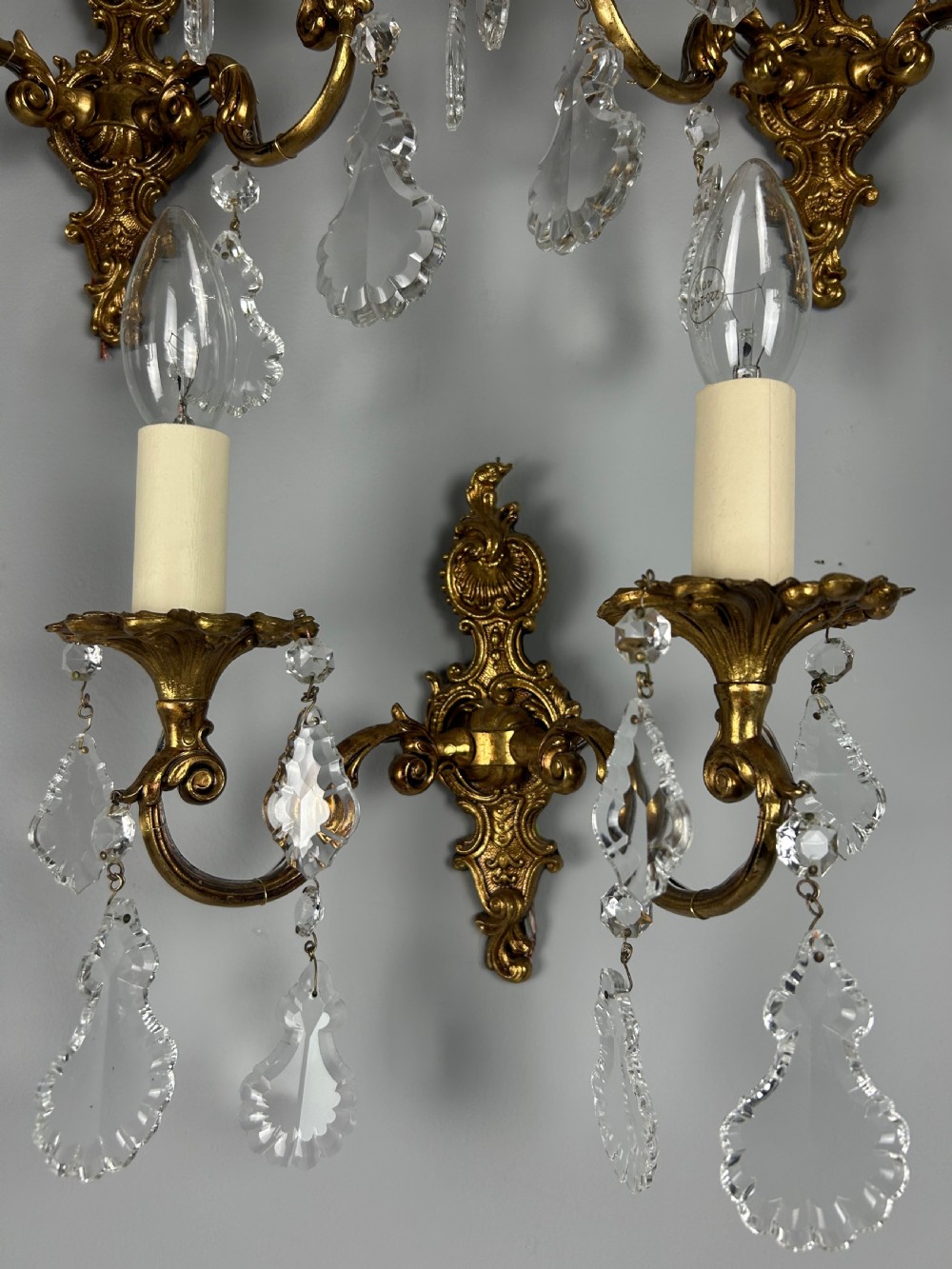 Set of 3 French Gilded Twin Arm Antique Wall Light with Glass Droppers  View X