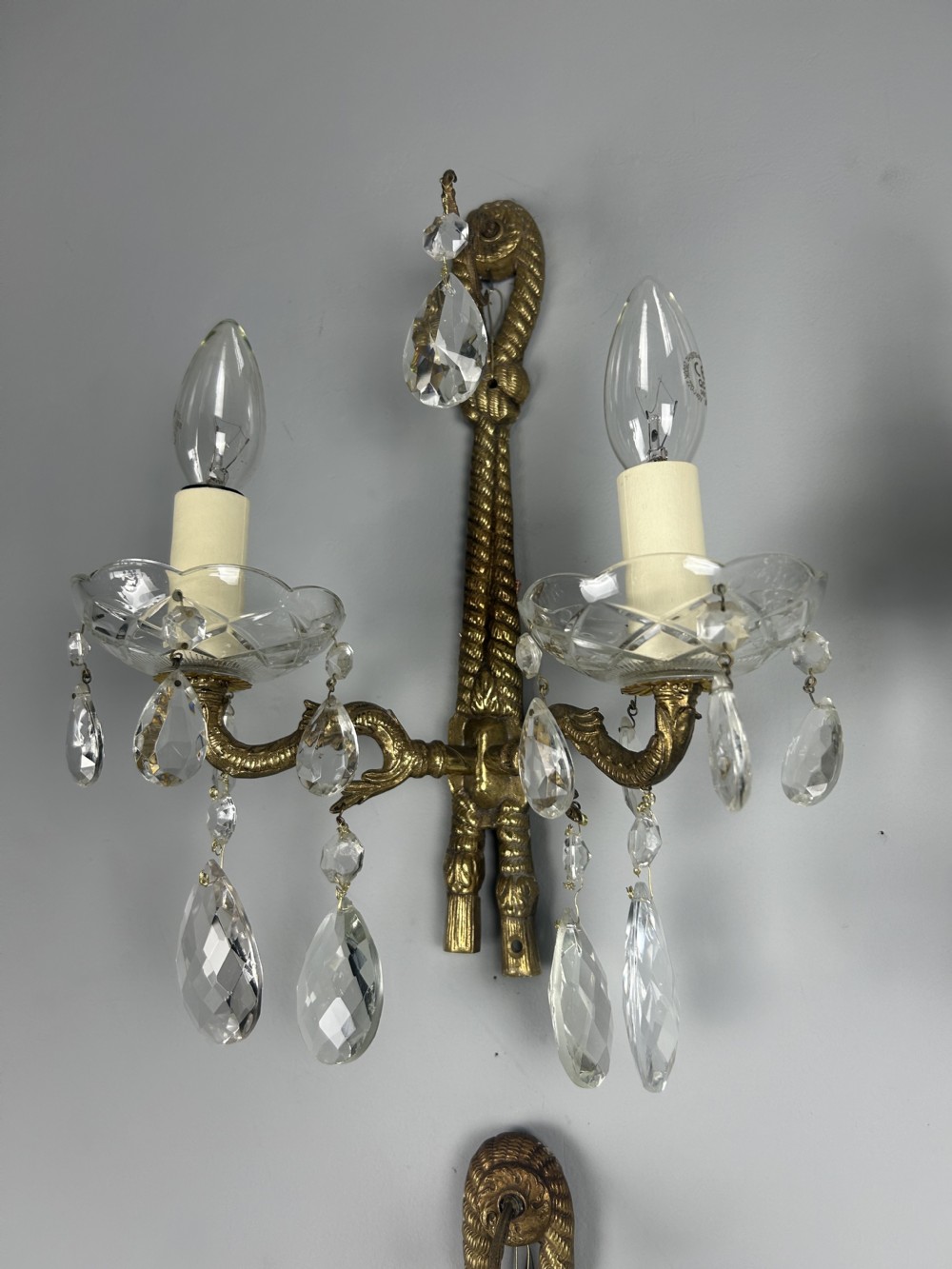 Set Of 4 French Antique Wall Lights With Crystals  View II