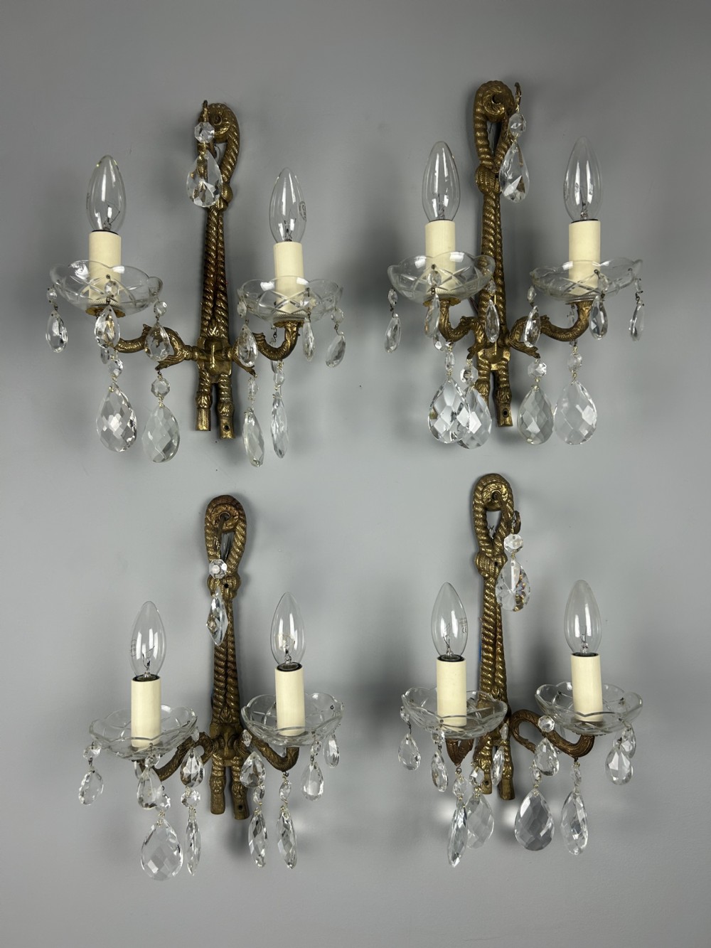 Set Of 4 French Antique Wall Lights With Crystals  View XI