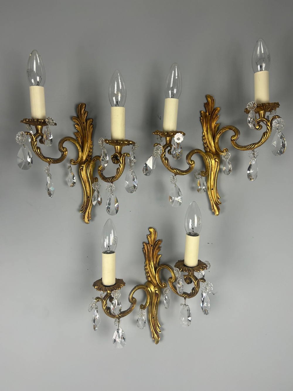 Set Of 3 French Gilded Twin Arm Antique Wall Lights With Crystals 