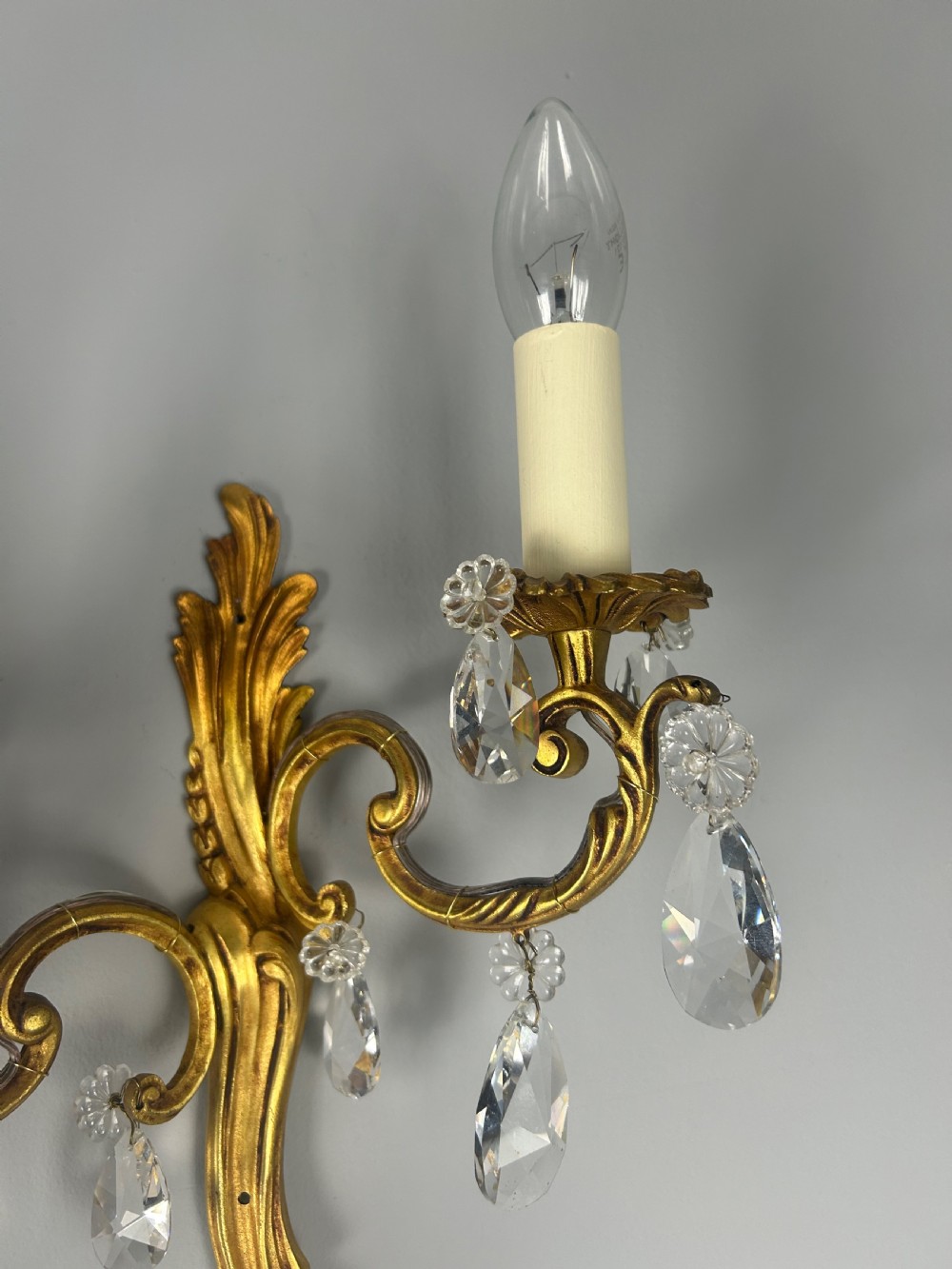 Set Of 3 French Gilded Twin Arm Antique Wall Lights With Crystals  View II