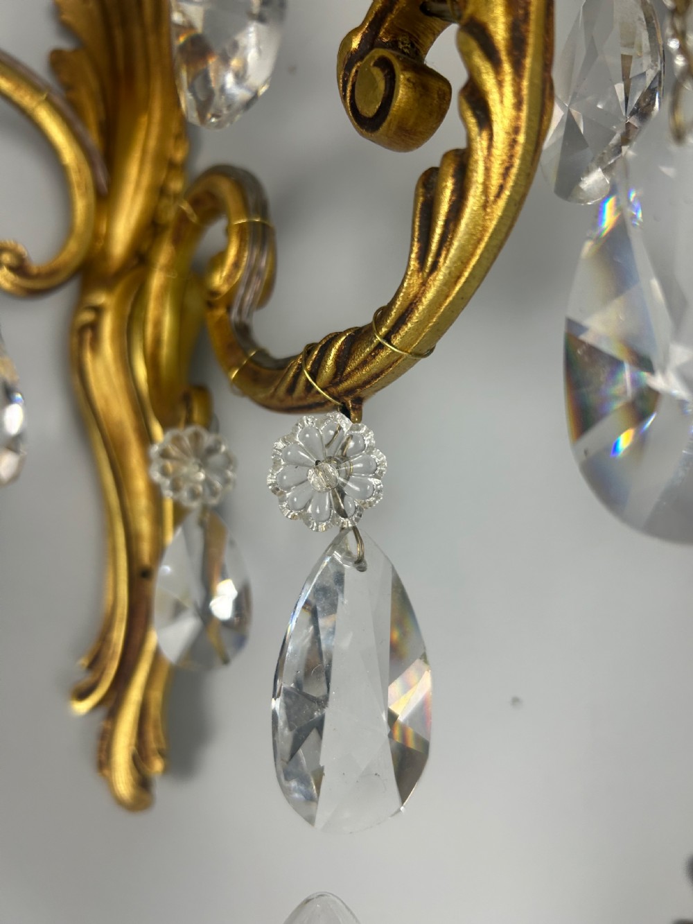 Set Of 3 French Gilded Twin Arm Antique Wall Lights With Crystals  View III