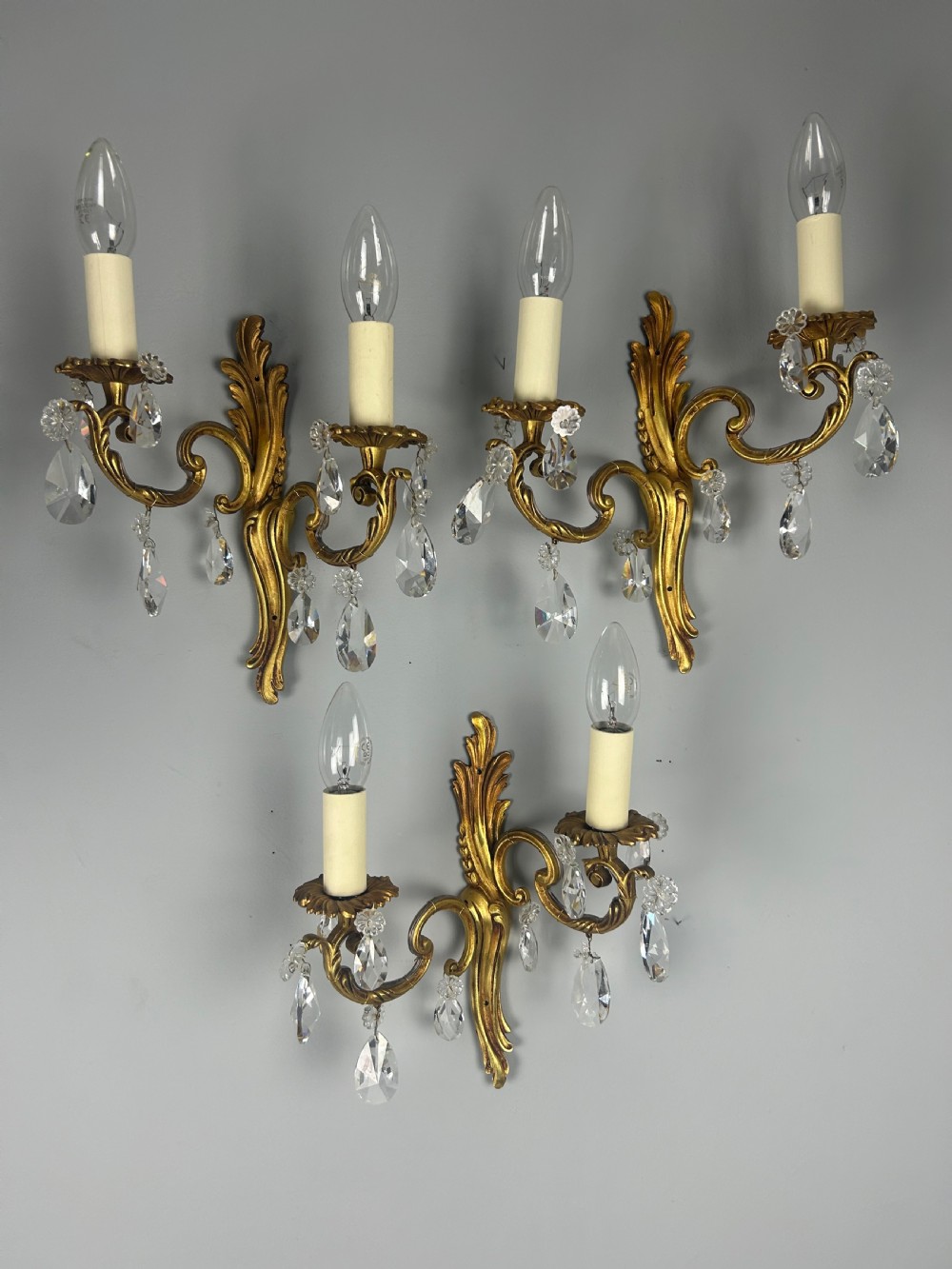 Set Of 3 French Gilded Twin Arm Antique Wall Lights With Crystals  View IV