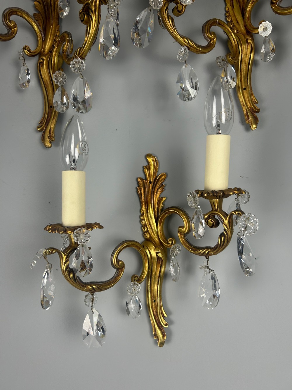 Set Of 3 French Gilded Twin Arm Antique Wall Lights With Crystals  View V