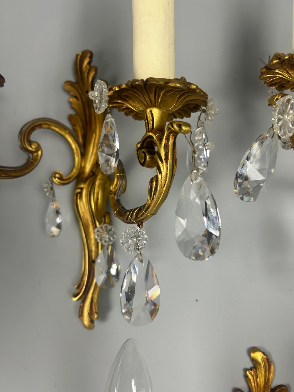 Set Of 3 French Gilded Twin Arm Antique Wall Lights With Crystals  View VI