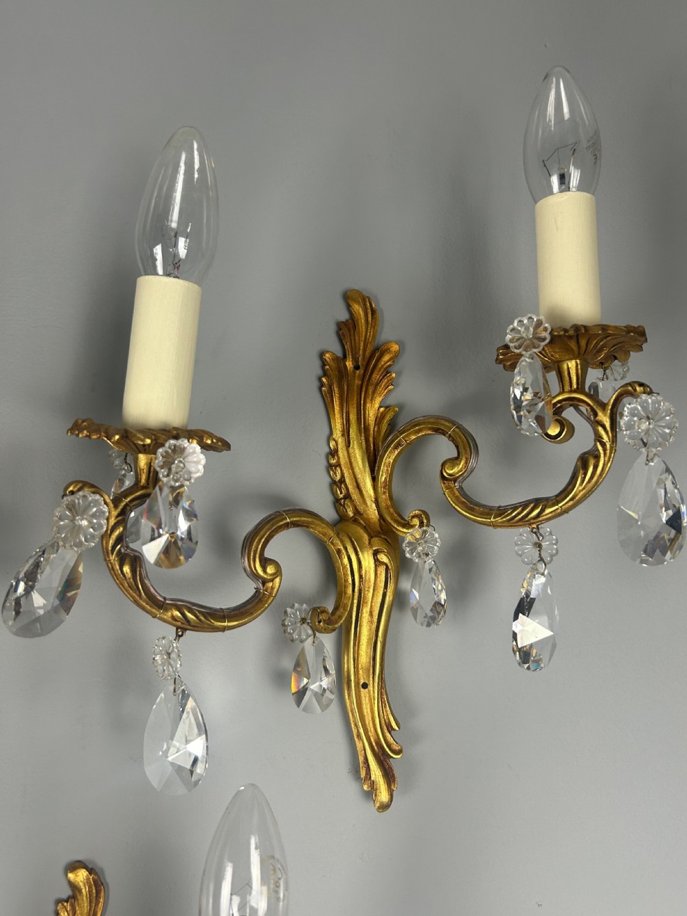 Set Of 3 French Gilded Twin Arm Antique Wall Lights With Crystals  View VII