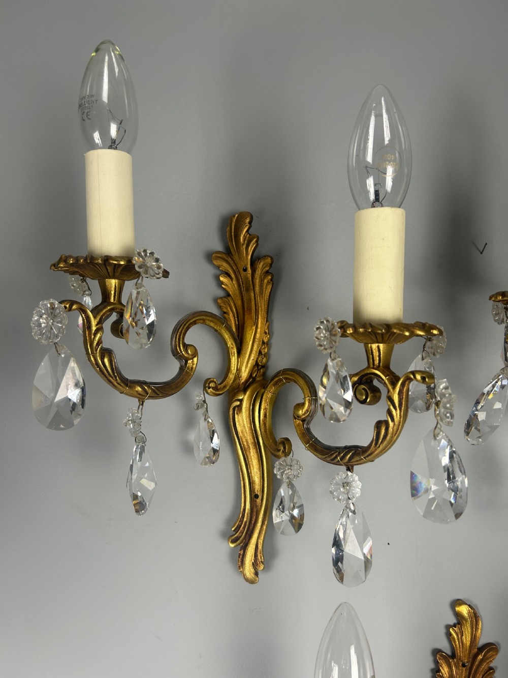 Set Of 3 French Gilded Twin Arm Antique Wall Lights With Crystals  View VIII