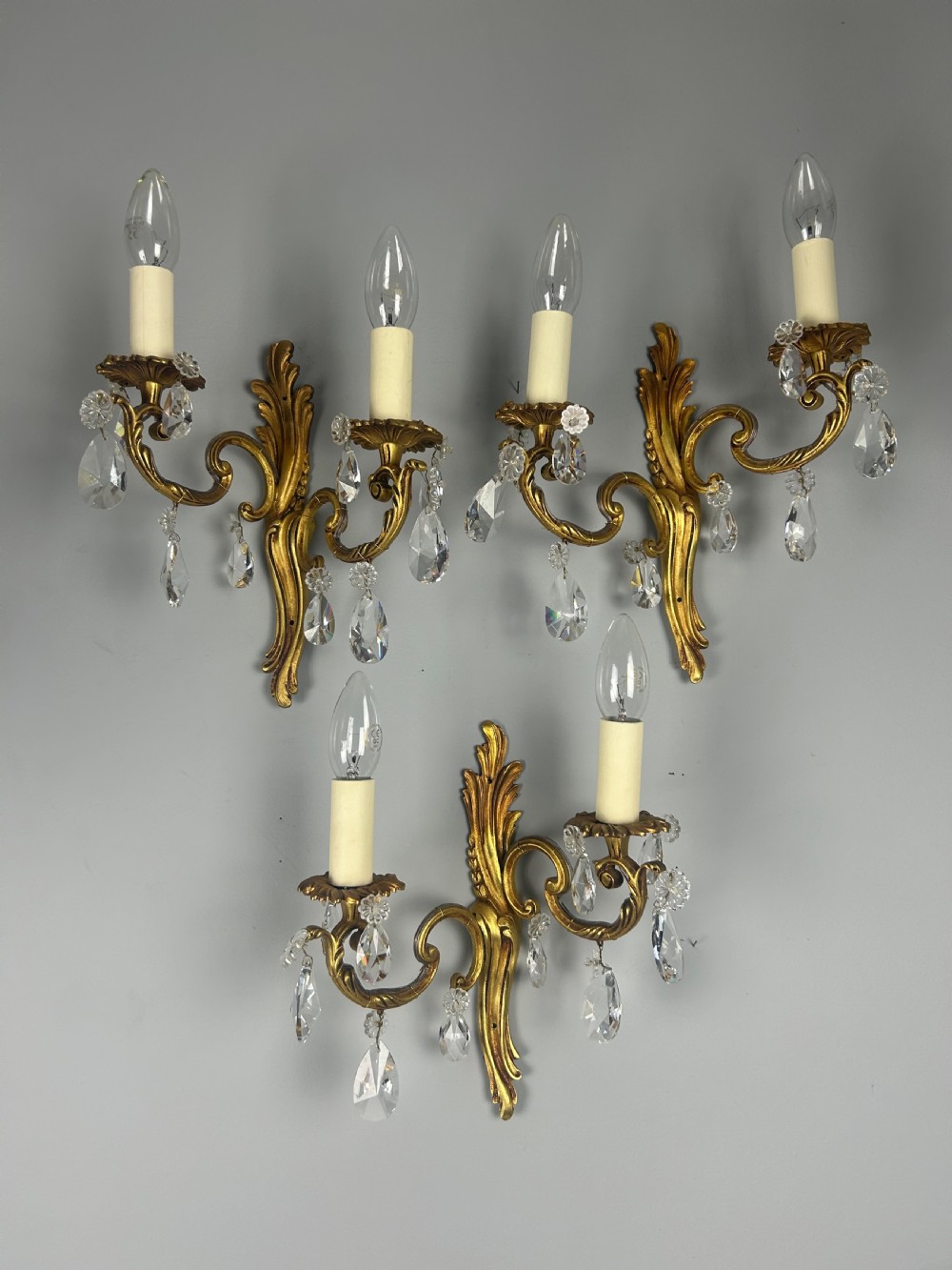 Set Of 3 French Gilded Twin Arm Antique Wall Lights With Crystals  View IX