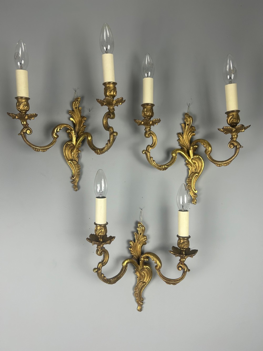 Set of 3 French Gilt Brass Antique Wall Lights, Rewired View II