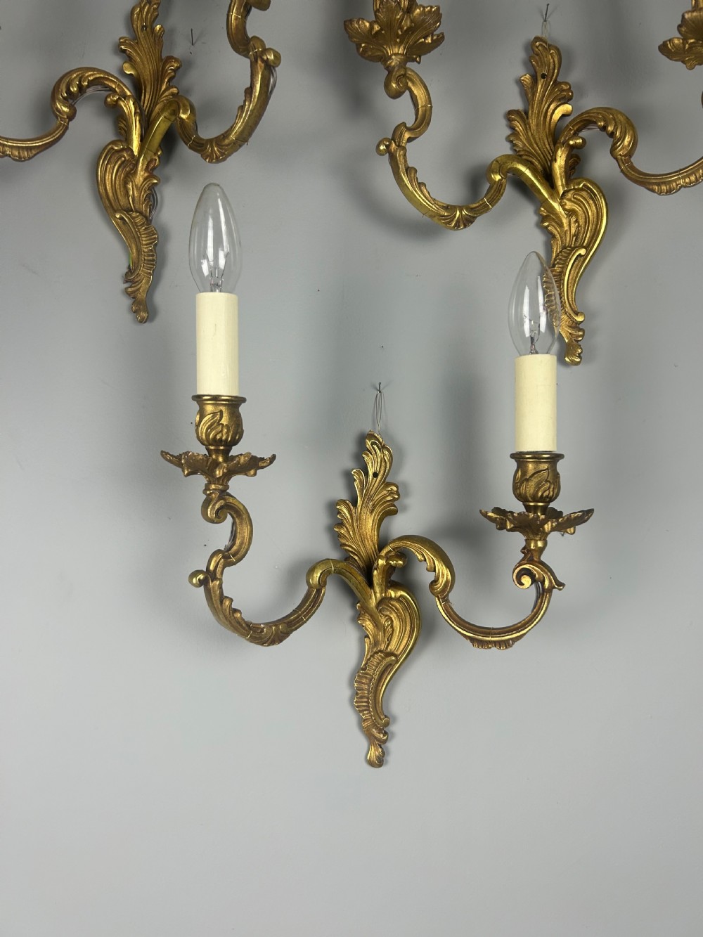 Set of 3 French Gilt Brass Antique Wall Lights, Rewired View III