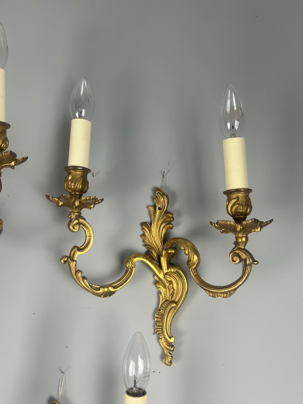 Set of 3 French Gilt Brass Antique Wall Lights, Rewired View IV