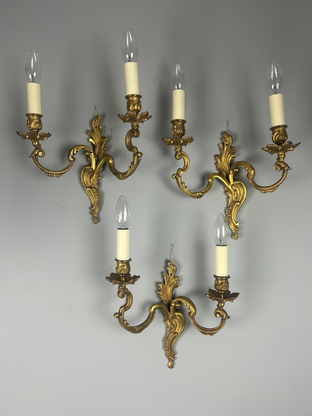 Set of 3 French Gilt Brass Antique Wall Lights, Rewired View V