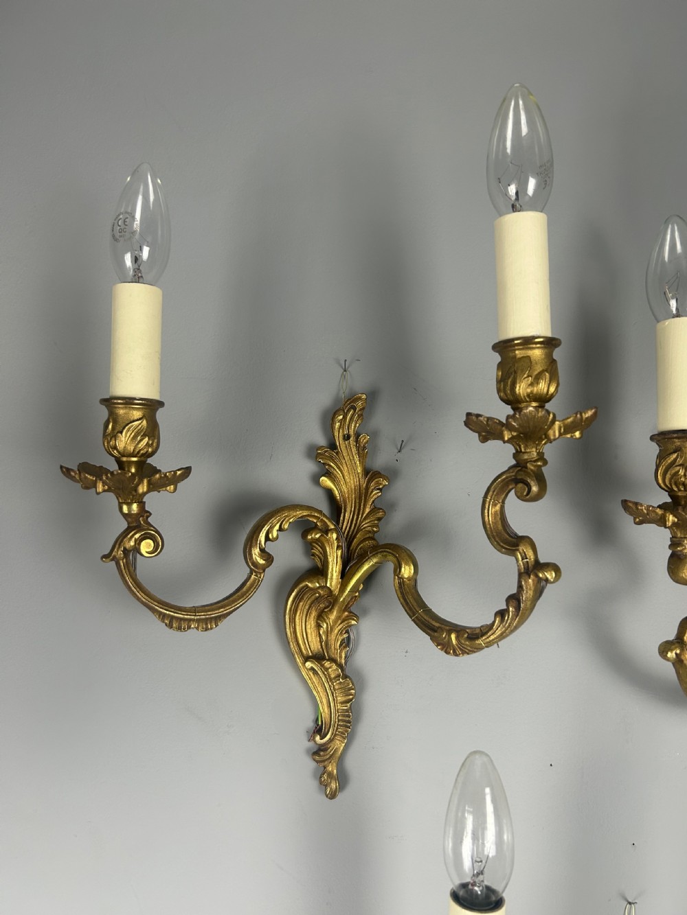 Set of 3 French Gilt Brass Antique Wall Lights, Rewired View VI