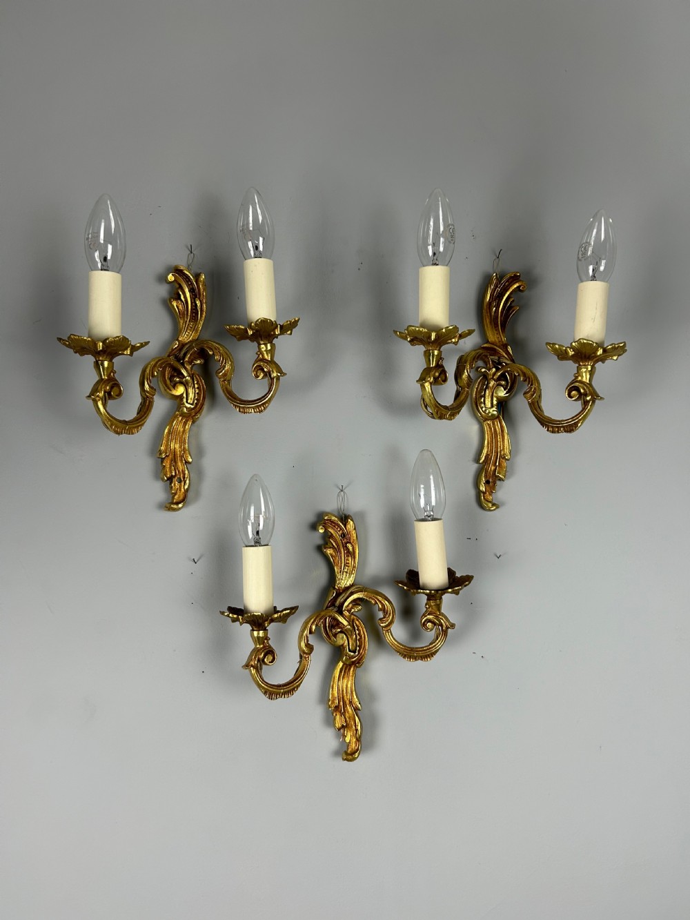 Set of 3 French Gilded Twin Arm Antique Wall Lights