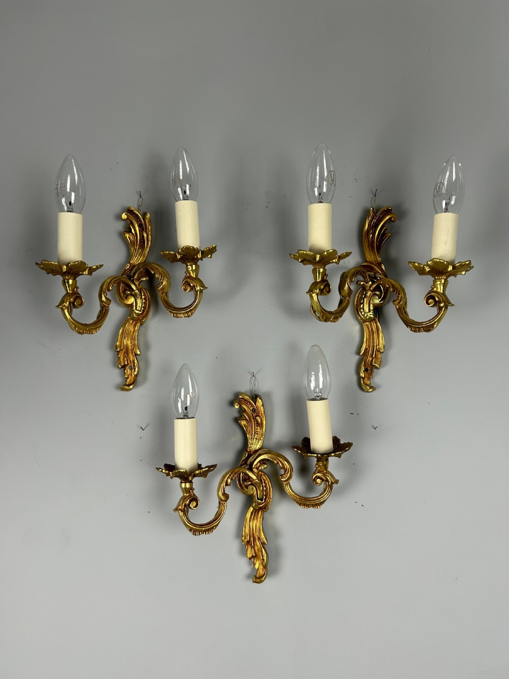 Set of 3 French Gilded Twin Arm Antique Wall Lights View V