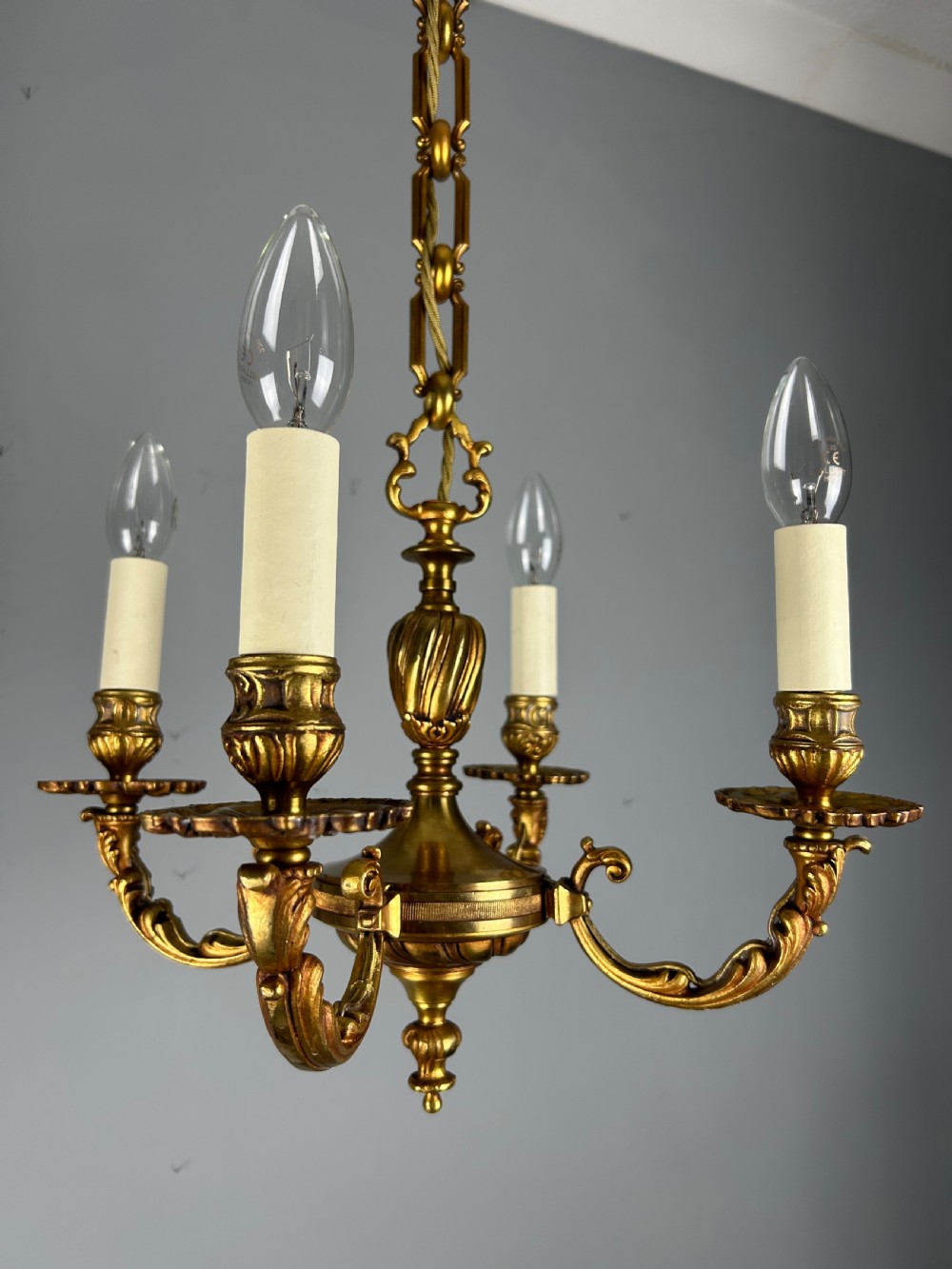 French Gilt Brass 4 Light Antique Chandelier View II