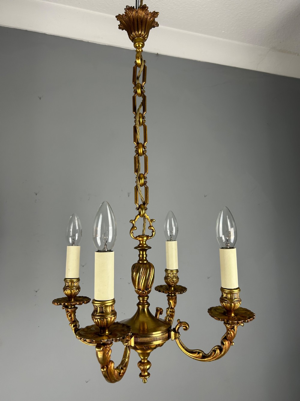 French Gilt Brass 4 Light Antique Chandelier View III