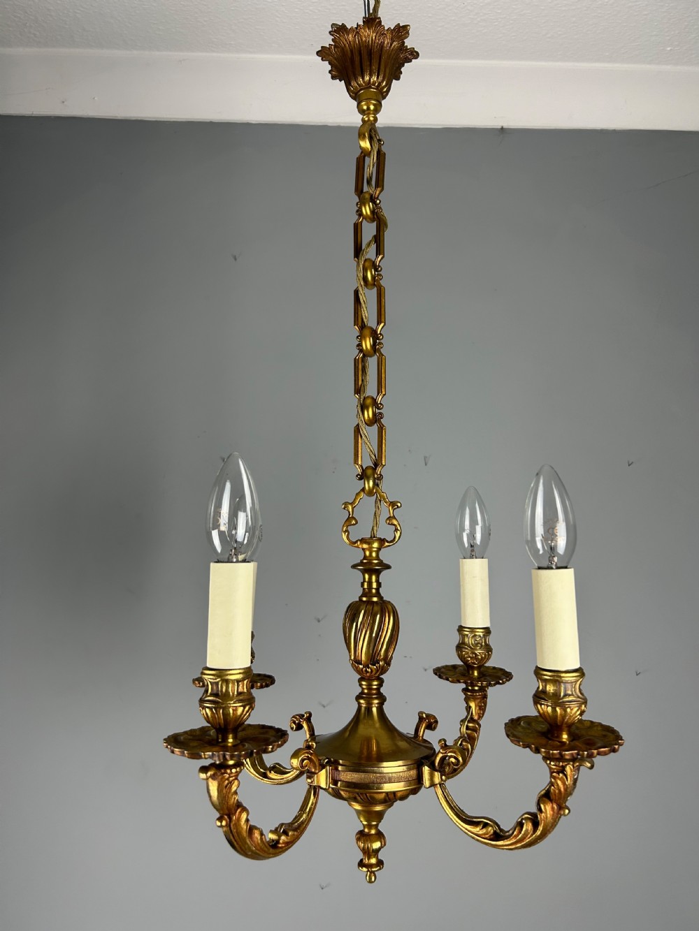 French Gilt Brass 4 Light Antique Chandelier View VII