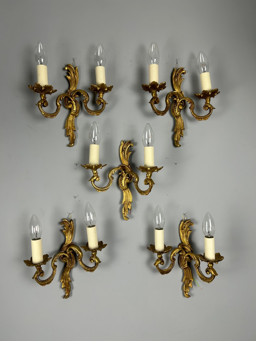 Set of 5 French Gilded Twin Arm Antique Wall Lights