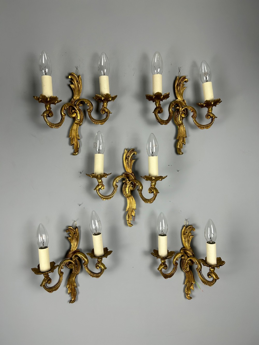 Set of 5 French Gilded Twin Arm Antique Wall Lights View II