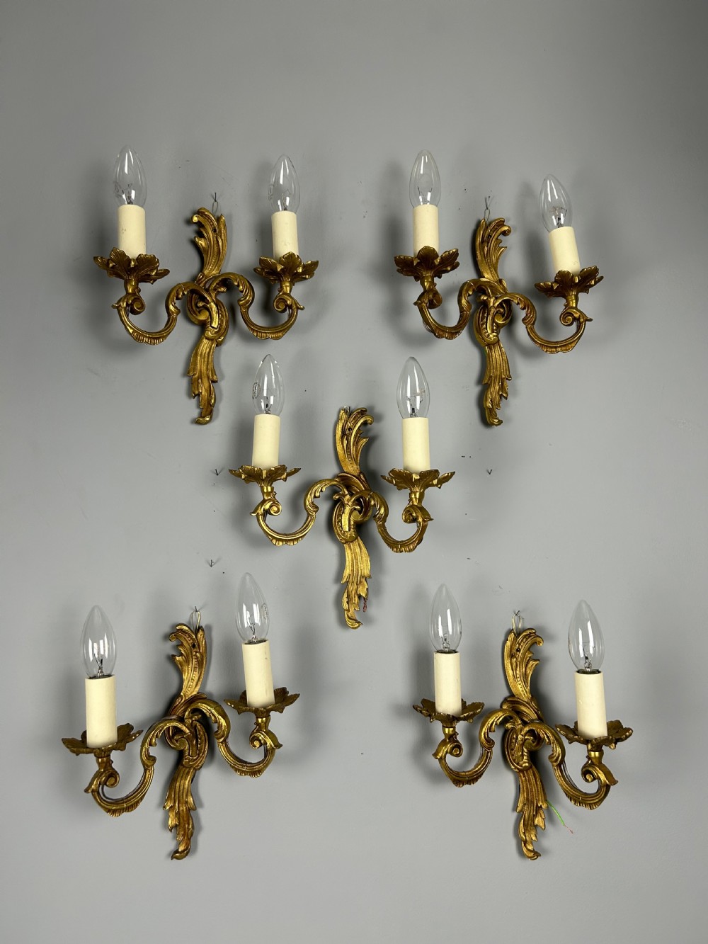 Set of 5 French Gilded Twin Arm Antique Wall Lights View VIII