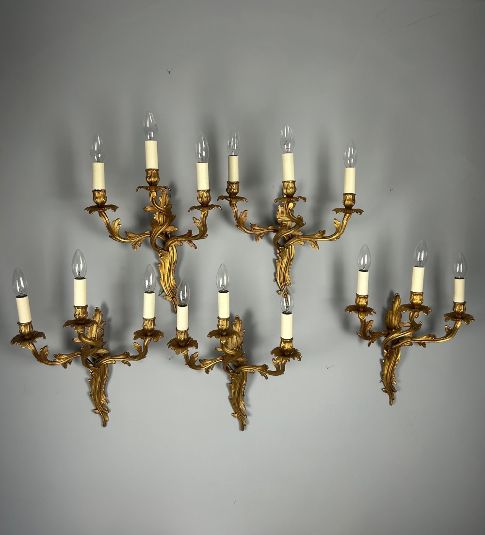 Set Of 5 French Large Triple Arm Gilt Brass Antique Wall Lights
