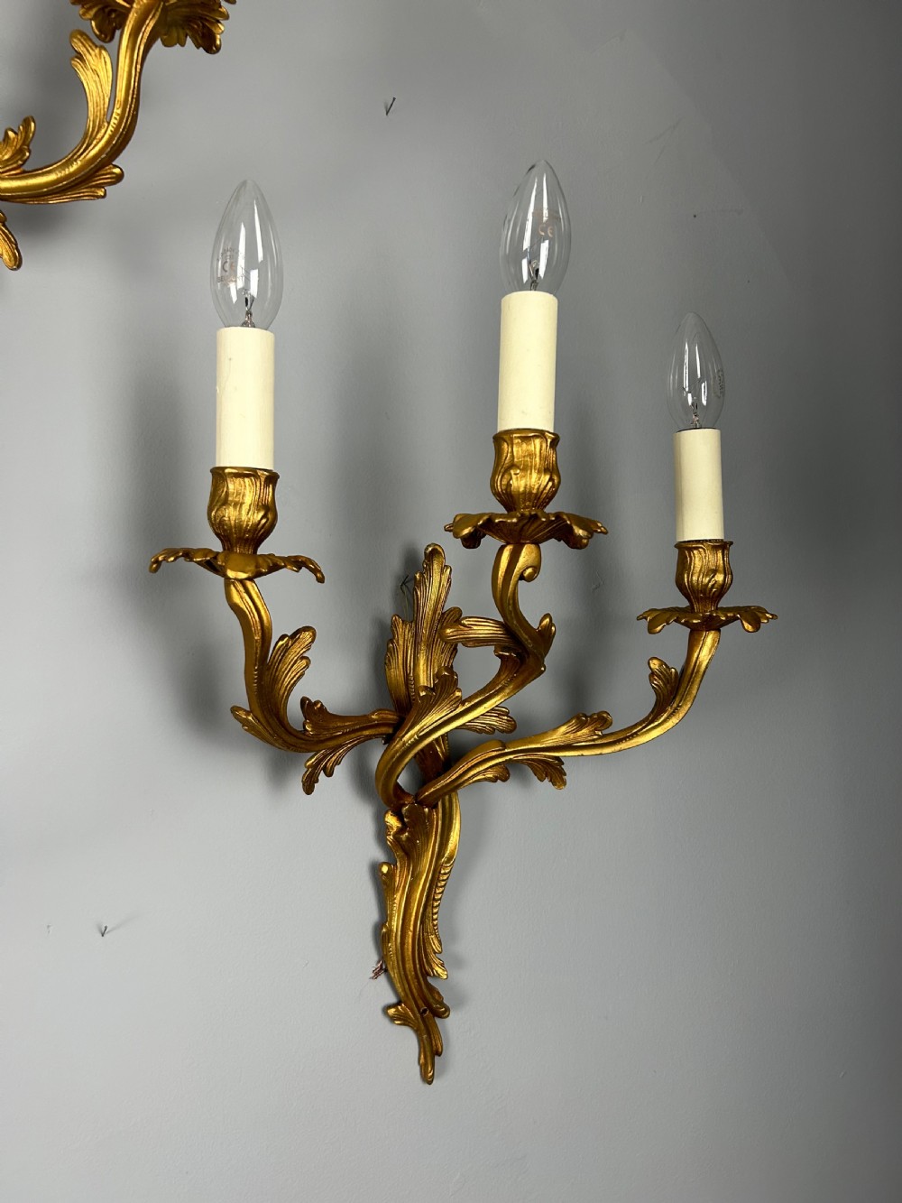Set Of 5 French Large Triple Arm Gilt Brass Antique Wall Lights View II