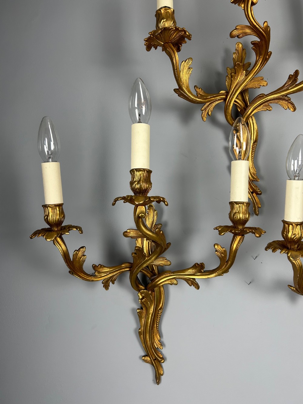 Set Of 5 French Large Triple Arm Gilt Brass Antique Wall Lights View III