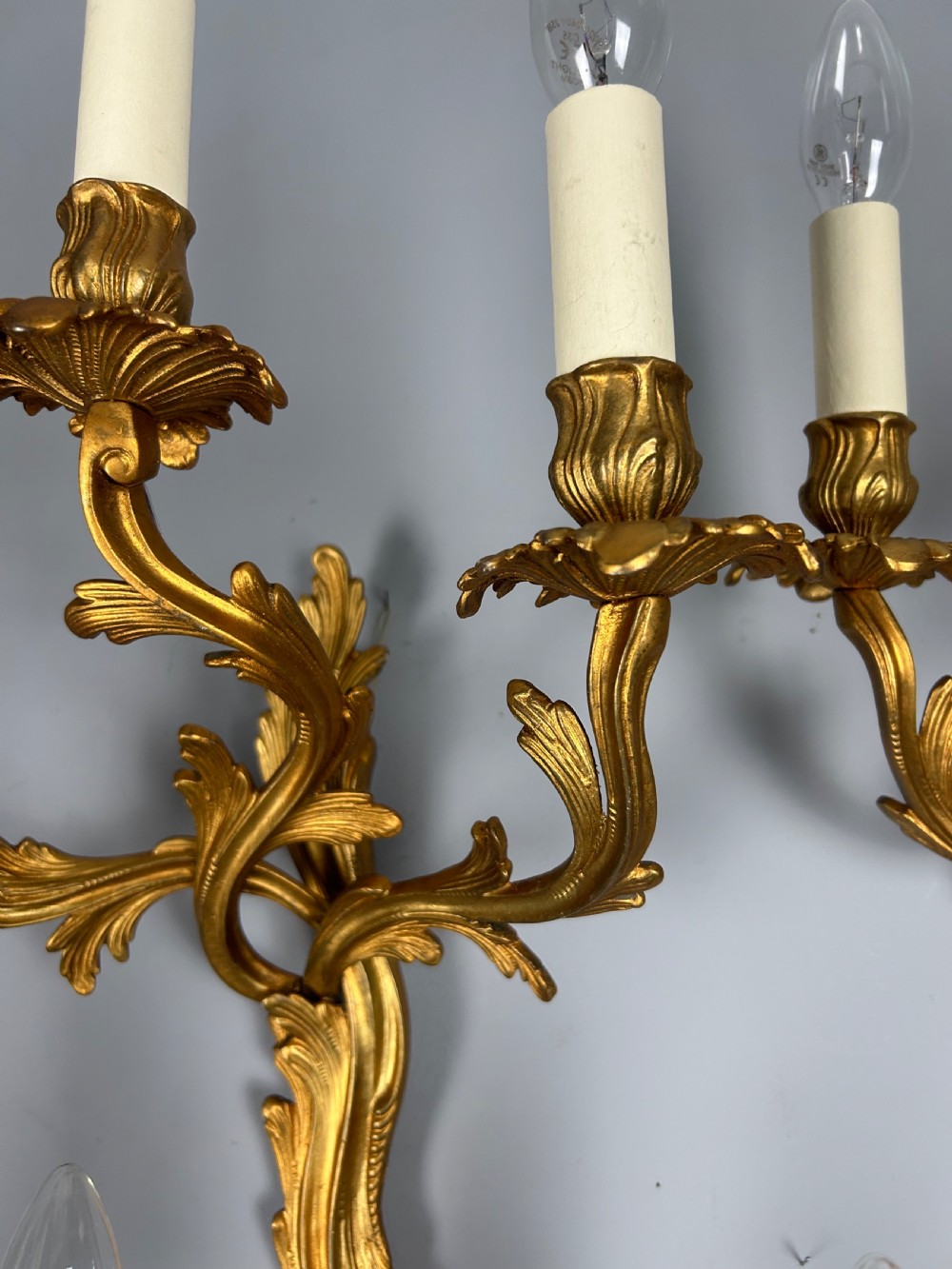 Set Of 5 French Large Triple Arm Gilt Brass Antique Wall Lights View IV