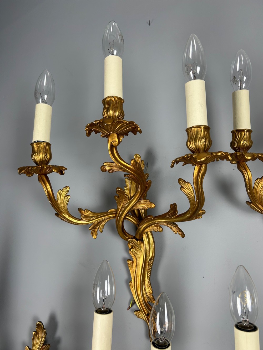 Set Of 5 French Large Triple Arm Gilt Brass Antique Wall Lights View V