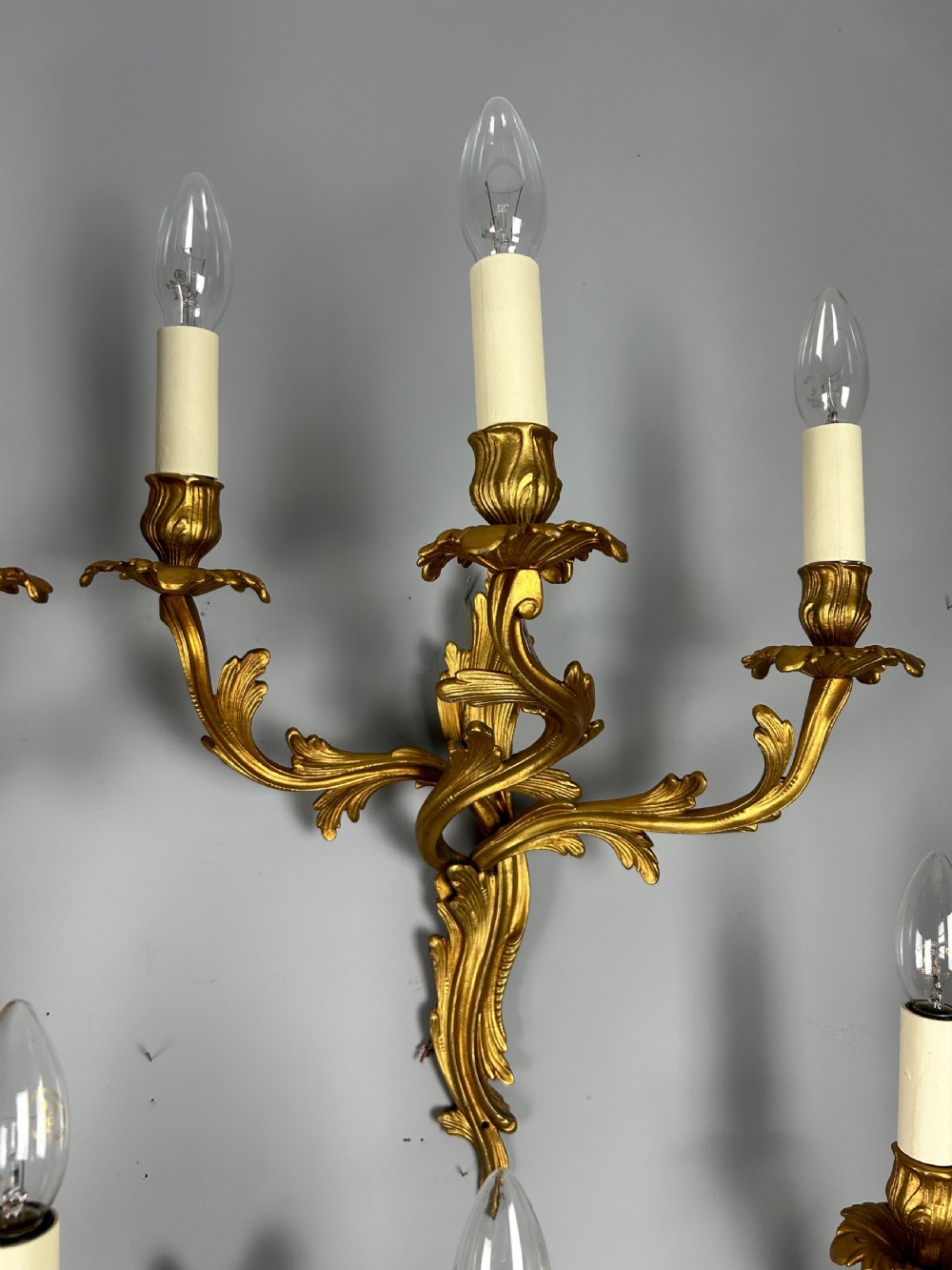 Set Of 5 French Large Triple Arm Gilt Brass Antique Wall Lights View VI