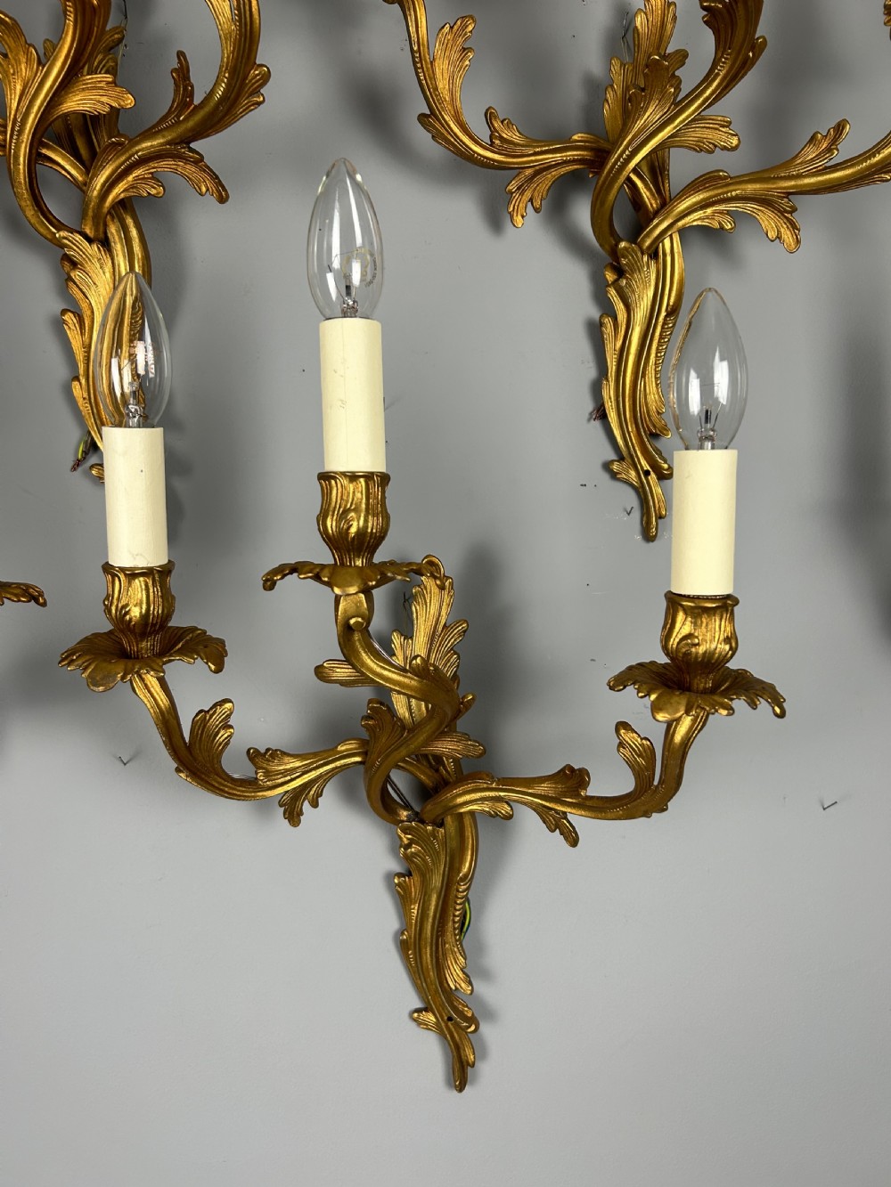Set Of 5 French Large Triple Arm Gilt Brass Antique Wall Lights View VII