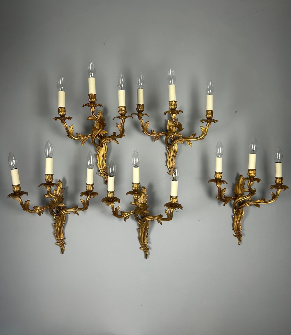Set Of 5 French Large Triple Arm Gilt Brass Antique Wall Lights View VIII
